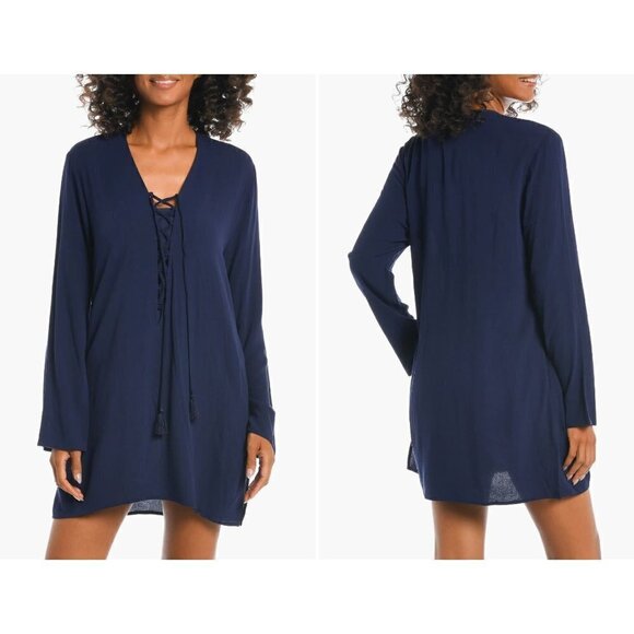 New La Blanca Size L V-Neck Cover-Up Tunic Dress Pockets tassel trim Navy Blue - Picture 1 of 10